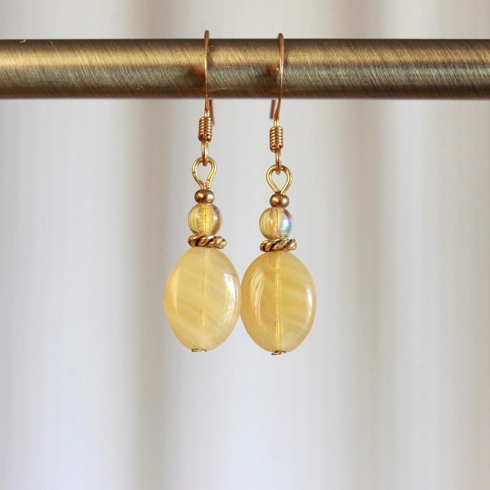 Handmade Yellow Oval Glass Bead Dangle Earrings Boho Bohemian Fairy Cottage